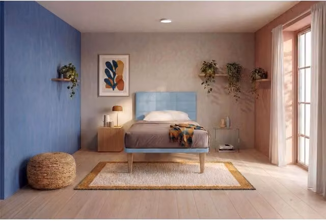 Letto imbottito Singolo 80x200 cm Square - Con rete,Microfibra,Azzurro