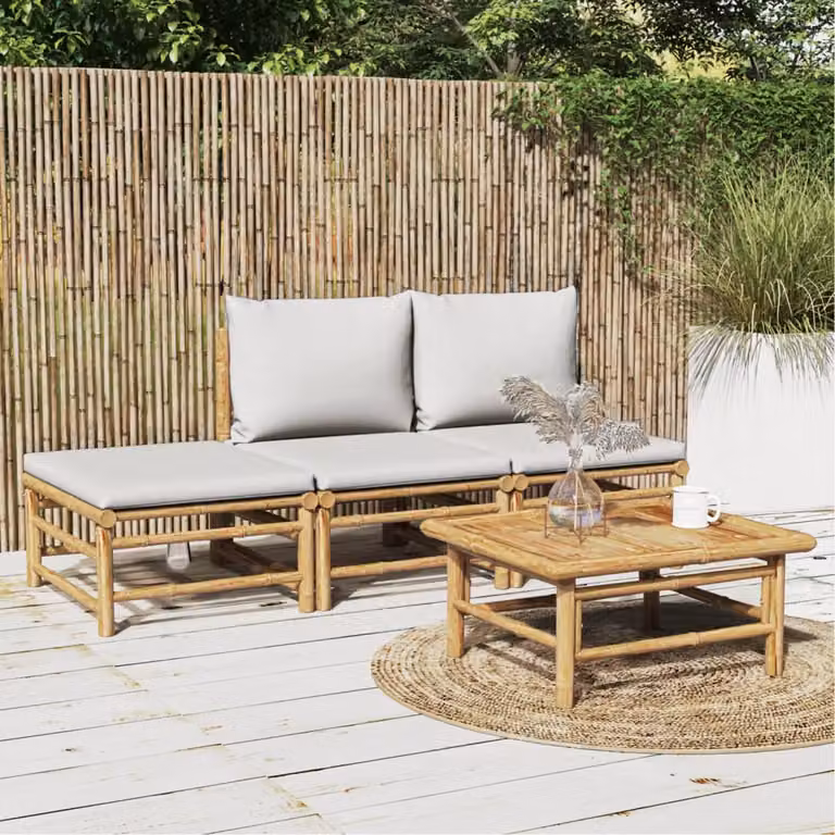 Set Salotto da Giardino vidaXL in Bambu con Cuscini Grigio Chiaro e Marrone