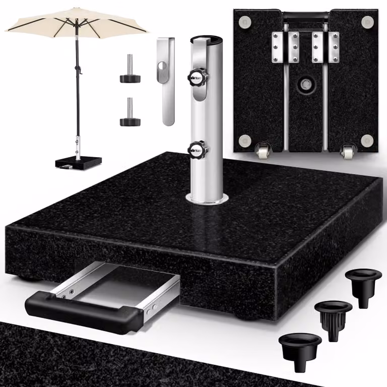 Supporto per ombrellone tillvex® Granit con rotelle e maniglia di trasporto, nero - 27 kg, forma angolare con maniglia a trolley | Supporto per ombrellone con tubo in acciaio inossidabile | Supporto per ombrellone da balcone per aste da 16-48 mm e ombrell