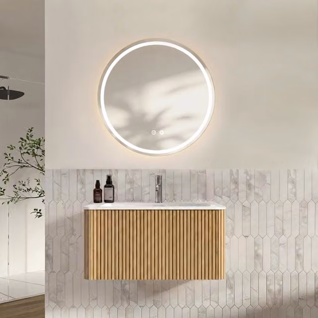 Mobile sottolavabo sospeso con lavabo integrato e specchio LED regolabile bordi arrotondati per bagno rovere 80 cm
