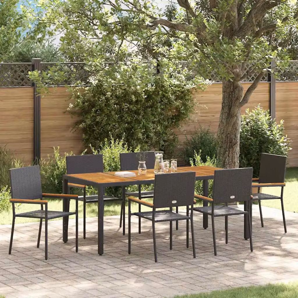 Set da pranzo per giardino vidaXL in polyrattan nero e marrone con tavolo in legno di acacia e 7 pezzi – 1