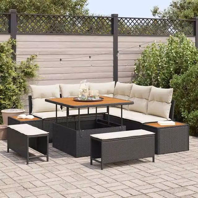 Set Divano da Giardino 8 pz 7-Numero di posti Nero Poly Rattan 3364855