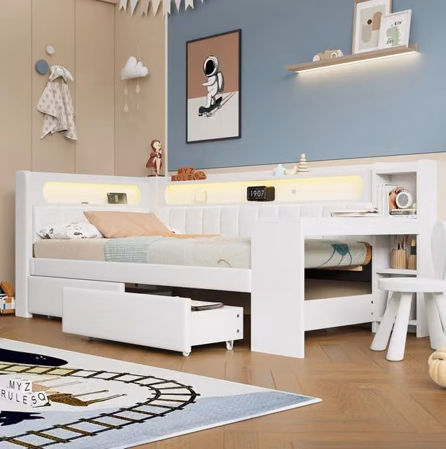 Letto daybed imbottito 90x200 cm bianco con USB, illuminazione LED, scrivania integrata e 2 cassetti