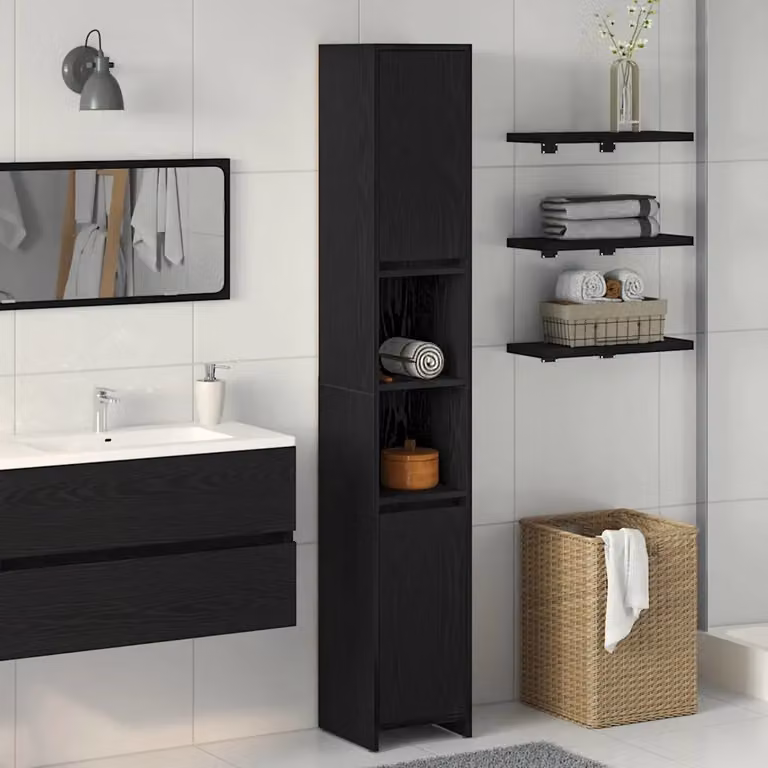 Mobile da bagno moderno vidaXL in legno nero con ante a battente e ripiani interni L/P/H: 30 x 30 x 183,5 cm