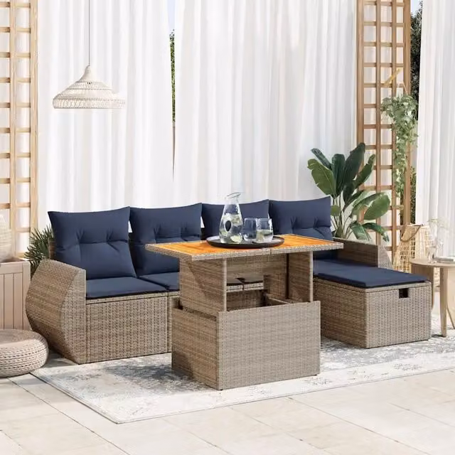 Set Divano da Giardino 6 pz con Cuscini Nero Polyrattan Acacia 3328055