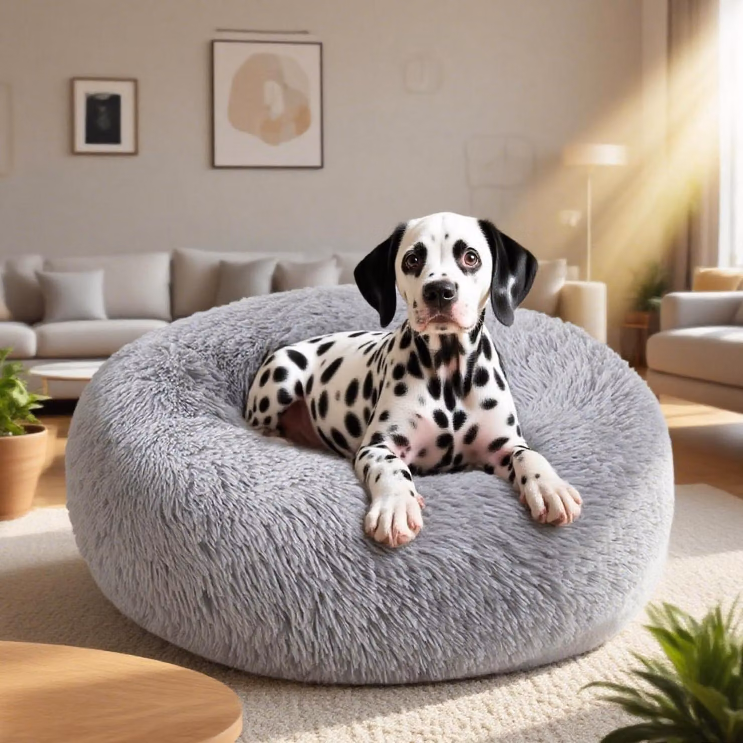 Cuccia rotonda per animali domestici, diametro 60 cm, color grigio chiaro, lavabile, antiscivolo, design a ciambella
