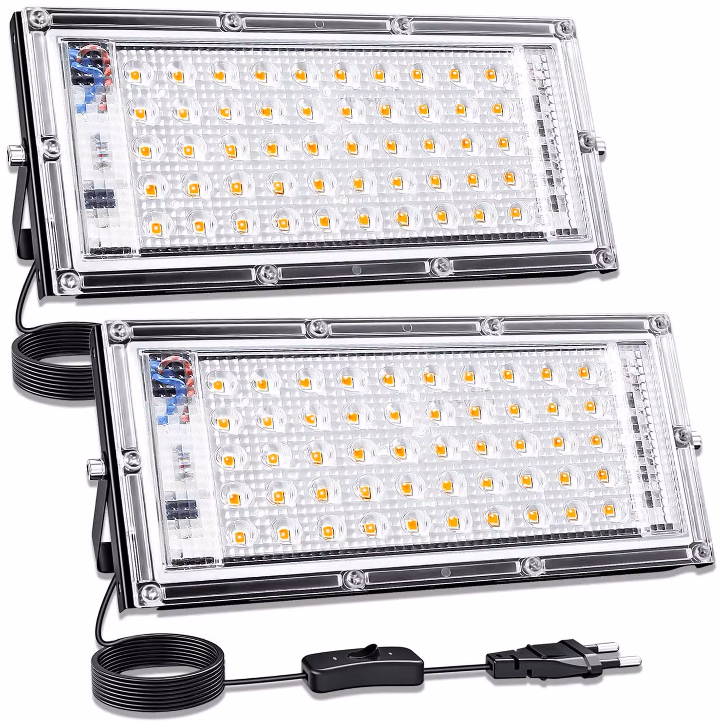 Set di 2 faretti LED da 50W, luce calda (3000K), grado di protezione IP65, 5000 lumen