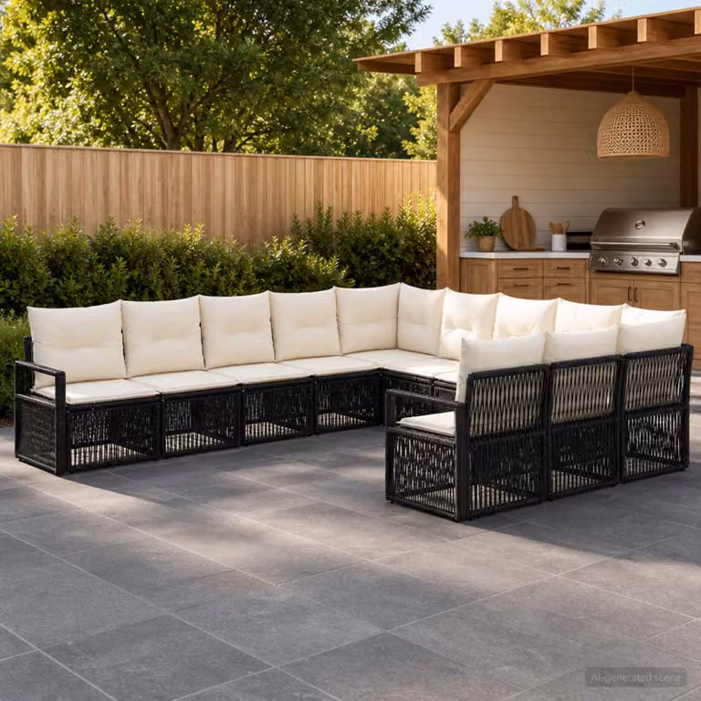 Set Divano da Giardino vidaXL 11 pz Nero con Cuscini e Struttura in Metallo e Polyrattan a Forma di U
