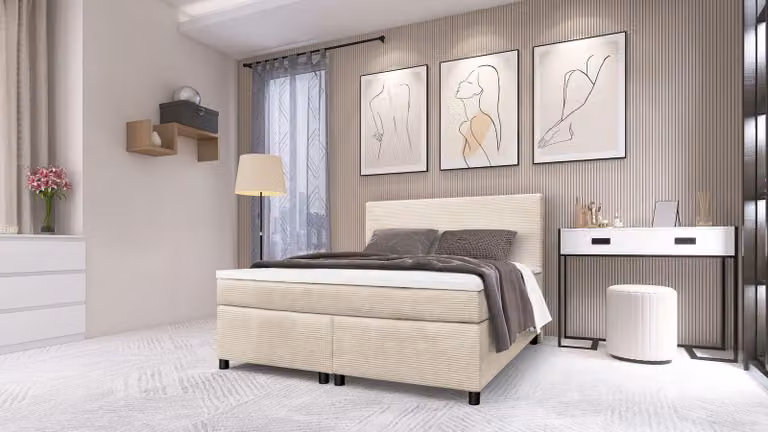 Letto con rete a molle Paxos, rivestito in tessuto beige, dimensioni 140x200, ideale per hotel, con struttura a molle Bonell