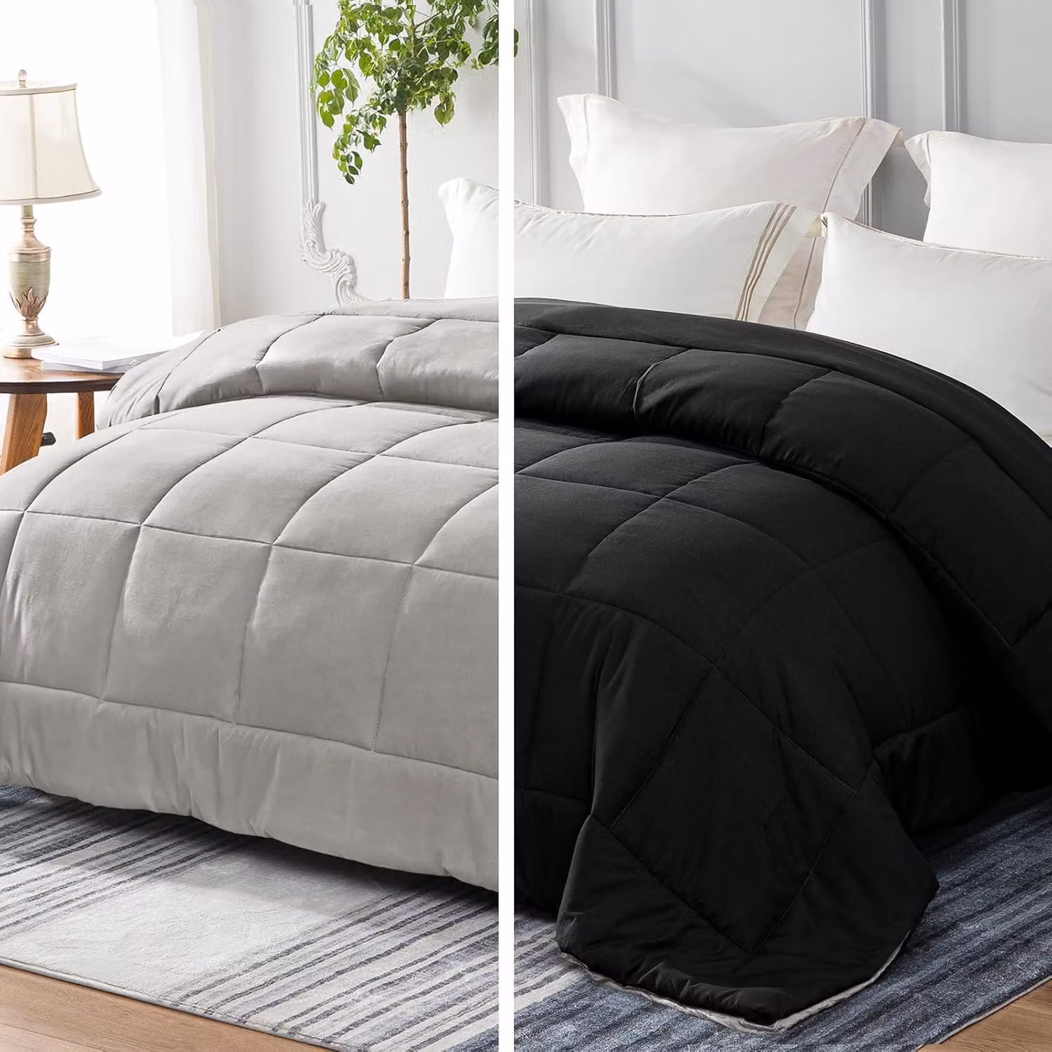Copertura per letto matrimoniale, 220 x 240 cm, in microfibra da 300 GSM, adatta per tutte le stagioni, colore nero e grigio chiaro