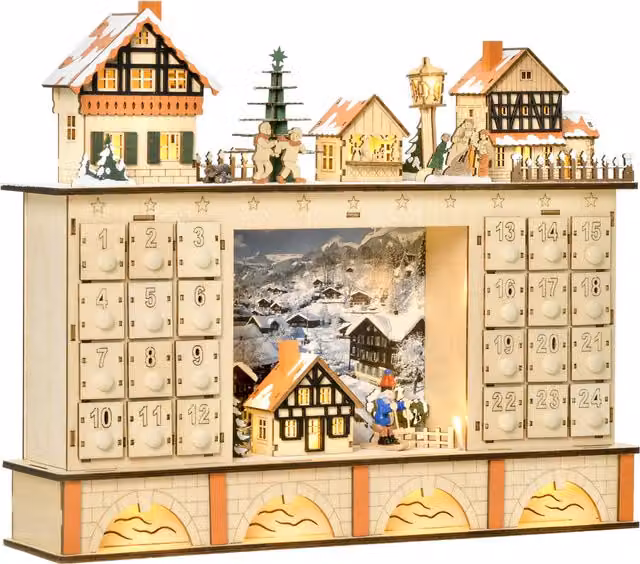 HOMCOM Calendario dell'Avvento in Legno con 24 Cassetti da Riempire, Decorazione con Villaggio di Natale e Luci, 44x10x37cm