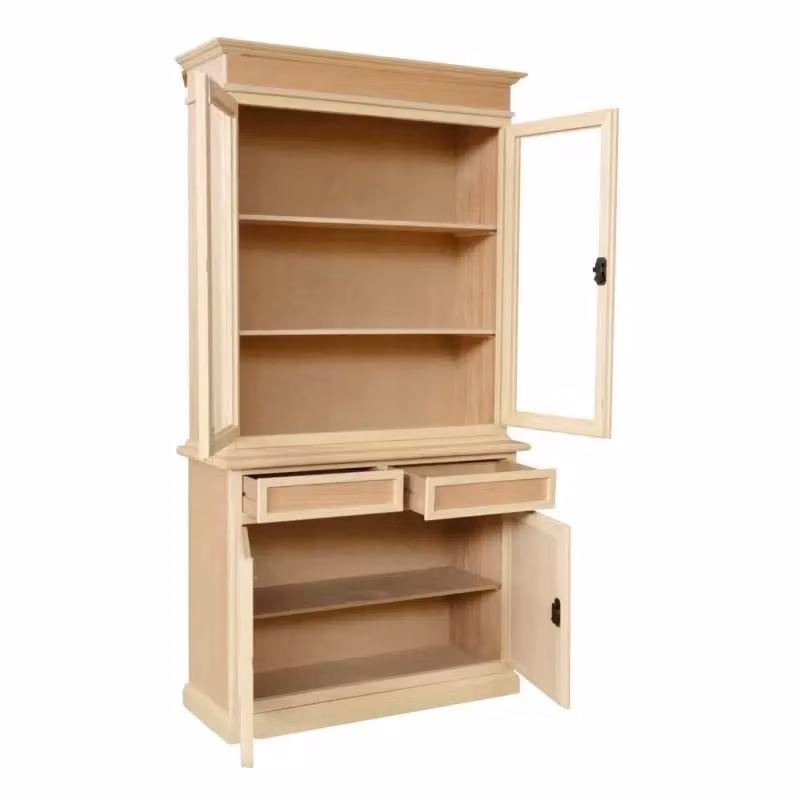 Cristalliera in legno di pino stile arte povera beige con ante in vetro e serratura Mobili 2G L: 105 cm, P: 42 cm, H: 205 cm – 1