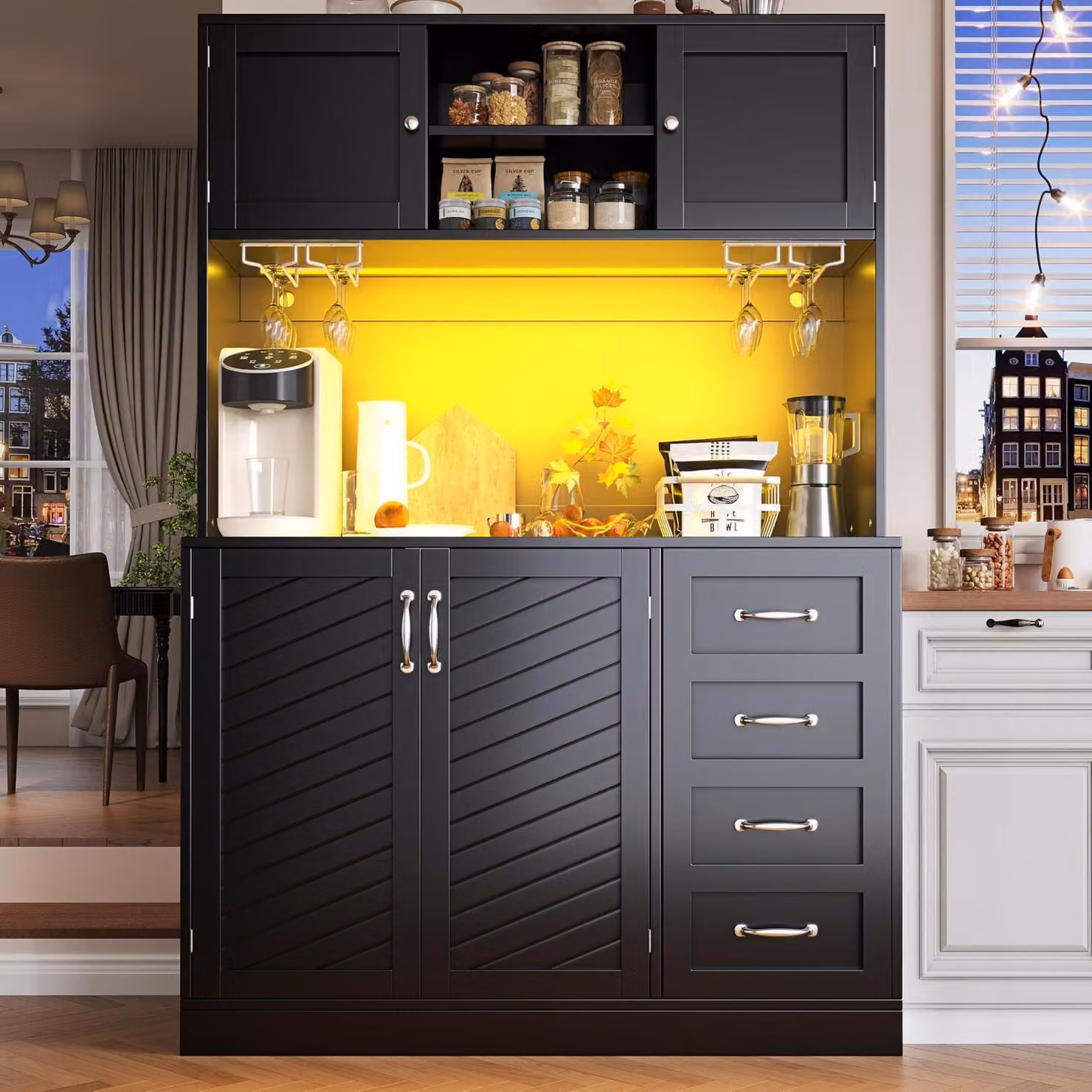 Mobiletto da cucina, armadio contenitore, mobiletto buffet, dimensioni 120x40x188 cm, colore nero, con ripiano per snack e portabicchieri, 4 ante e 2 cassetti