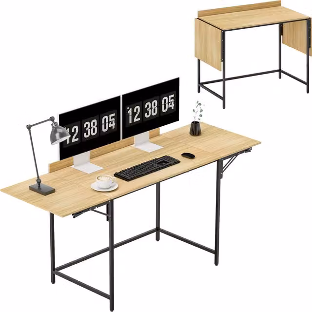 Scrivania per Computer Aosom con 2 Piani Estraibili e Struttura Pieghevole, Rovere e Nero – 1