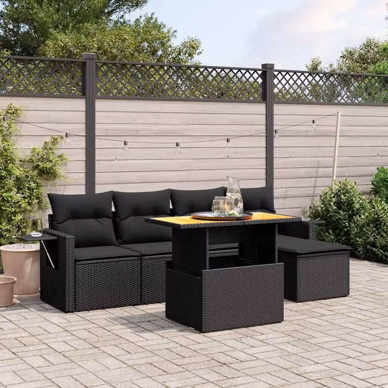 Set Divano da Giardino vidaXL 6 pz in Polyrattan Nero con Cuscini e Tavolino