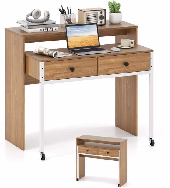Scrivania per computer estensibile con ruote e cassetti in legno e metallo, tavolo da trucco moderno beige o marrone, L: 88 cm, P: 36 cm, H: 100 cm