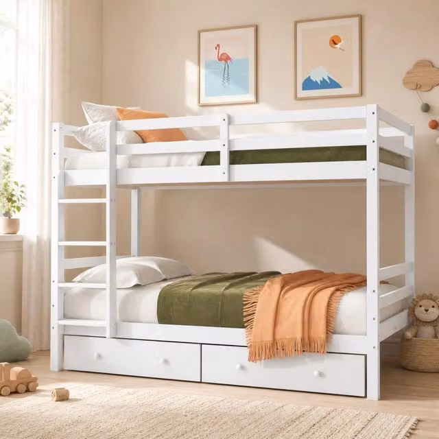 Letto a castello MIVRAY con cassetti e scala laterale in legno di pino e MDF bianco L/P/H: 204.5 x 140 x 145 cm