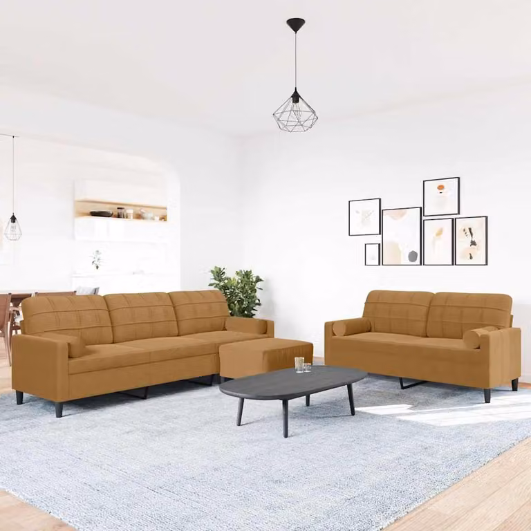 Set di divani vidaXL 3 pezzi in velluto marrone con pouf e cuscini, design moderno con struttura in metallo per il tuo soggiorno