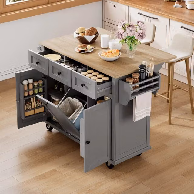 Isola Cucina Minimal con Ruote e Cassetti Grigio con Ripiano Allungabile L/P/H: 131.2 x 46.2 x 92.7 cm