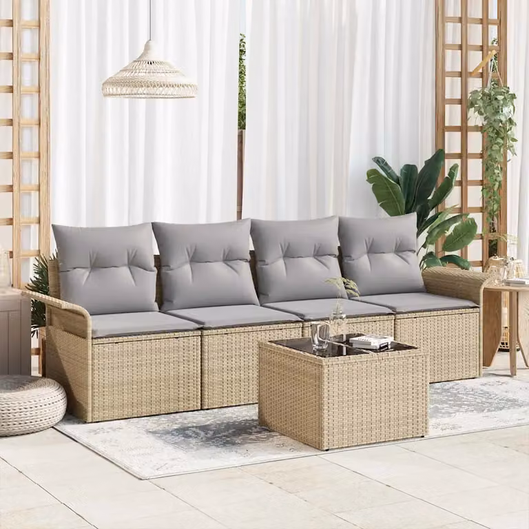Set di divani da giardino vidaXL in polyrattan beige con cuscini e tavolino da esterno
