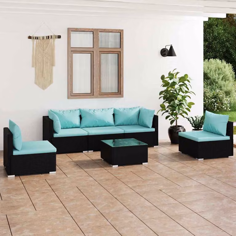 Set da giardino vidaXL composto da 6 pezzi con divani, tavolino e cuscini blu e neri in rattan e metallo