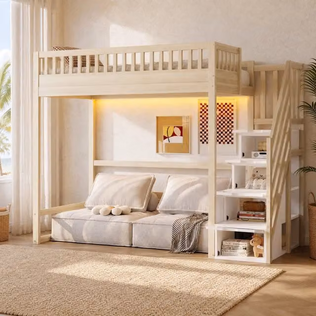 Letto a soppalco in legno 90x200 cm con scala reversibile; LED e vani contenitore; naturale