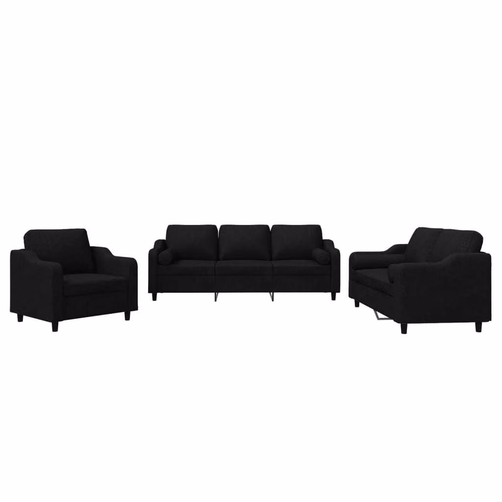 Set Divani 3 pz con Cuscini Nero in Tessuto