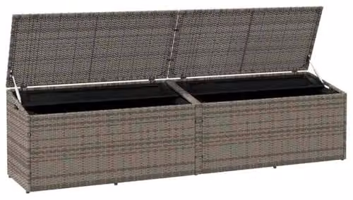 Contenitore per mobili da giardino grigio, dimensioni 220x50x58 cm, realizzato in rattan sintetico con spazio contenitore, resistente alle intemperie e impermeabile, ideale per giardino, balcone e terrazza. Include tasche removibili, struttura in acciaio