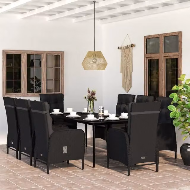 Set da pranzo da giardino vidaXL in polyrattan nero con cuscini e tavolo in vetro, 9 pezzi – 1