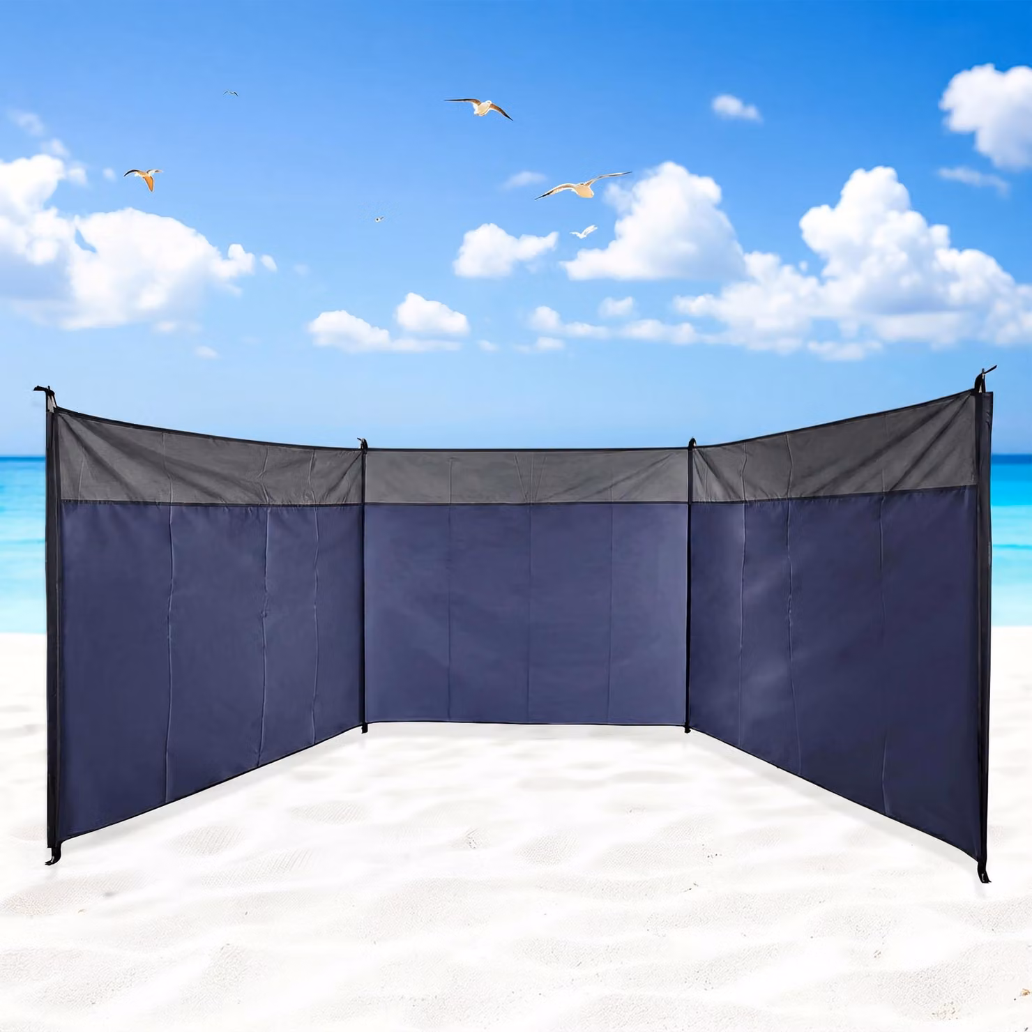 Paravento da spiaggia blu con borsa per il trasporto - 500 x 140 cm - Paravento da campeggio con corda e picchetti