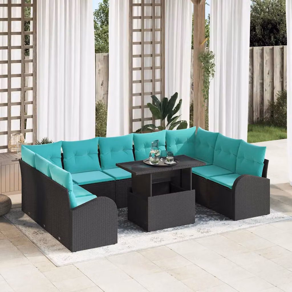 Set Divano da Giardino vidaXL a forma a U composto da 10 pezzi con Cuscini, Tavolino e Ottoman, Colore Nero e Turchese con Struttura in Acciaio e Polyrattan