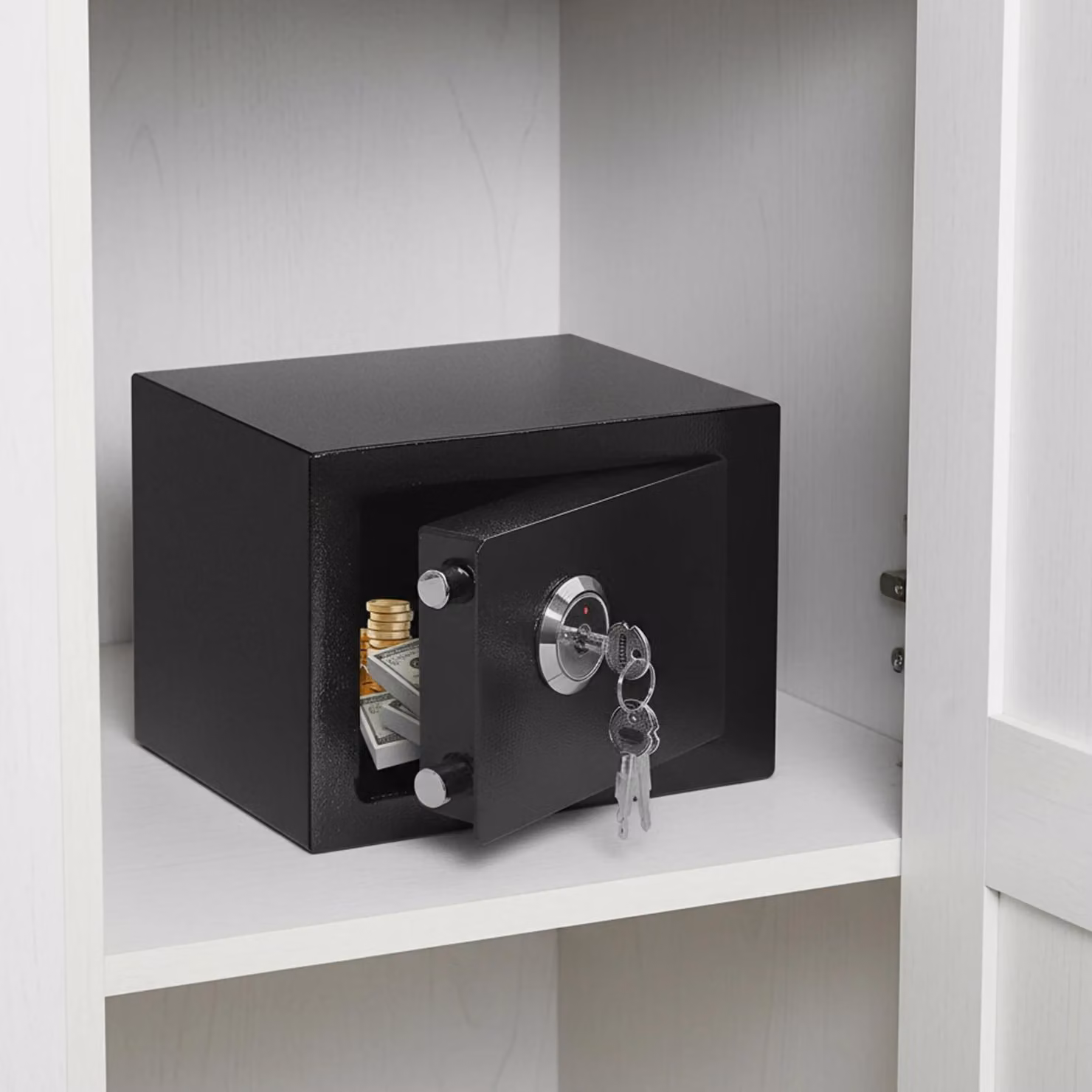 Cassaforte da parete - Cassetta di sicurezza - Volume 4,6 l - Con 3 chiavi - Compatta 23 cm - Per contanti, gioielli, documenti - Per casa, ufficio, hotel - Nera