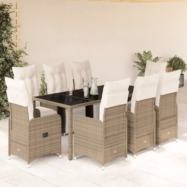Set Bistrò da Giardino vidaXL 9 pz in Polyrattan Marrone con Cuscini e Tavolo in Vetro