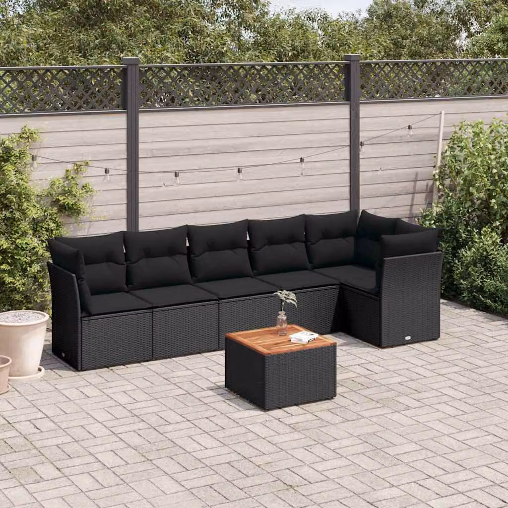 vidaXL Set Divani da Giardino a L con Cuscini 7pz Nero Polyrattan e Tavolino da Esterno – 1