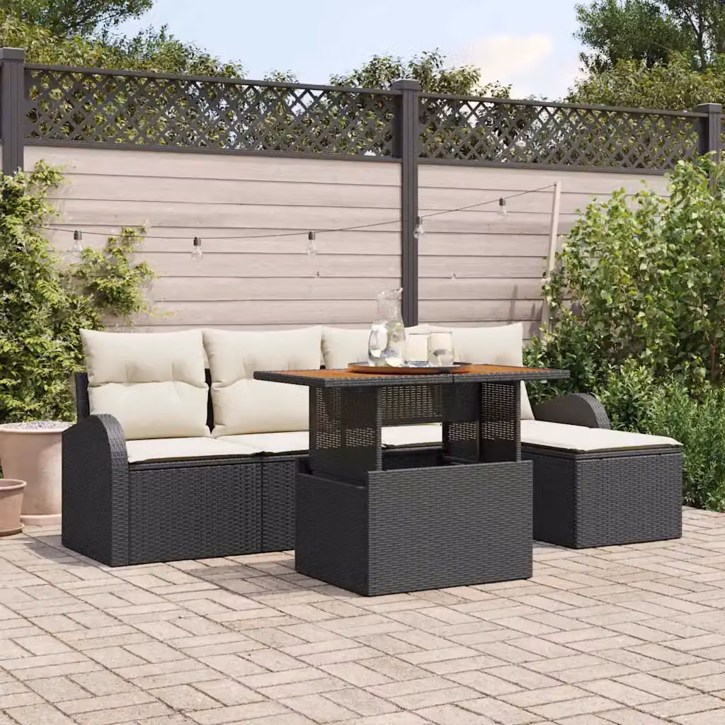 vidaXL Set Divano da Giardino a L con 6 Pezzi in Acciaio Verniciato a Polvere e Cuscini, Nero e Beige – 1