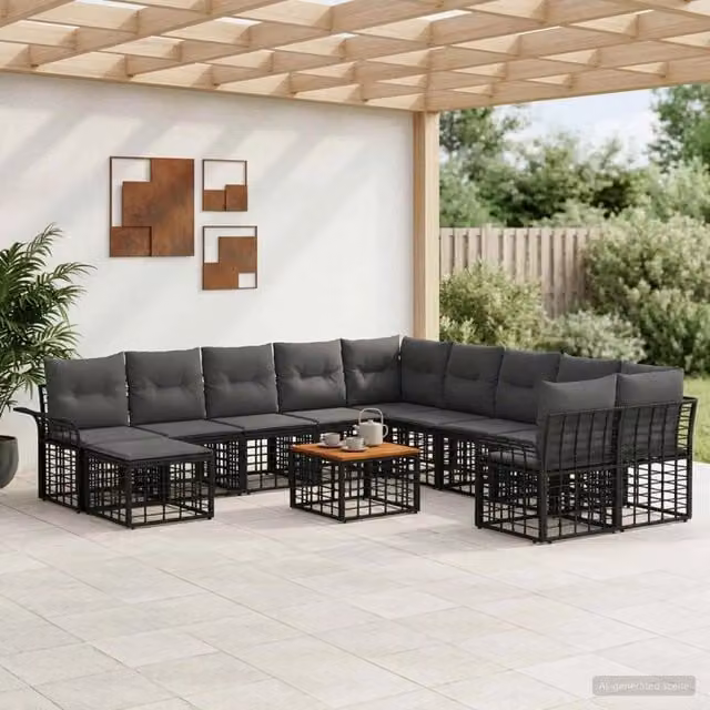 Set di divani da esterno 12 pz Nero e Grigio scuro Poliestere 3437823