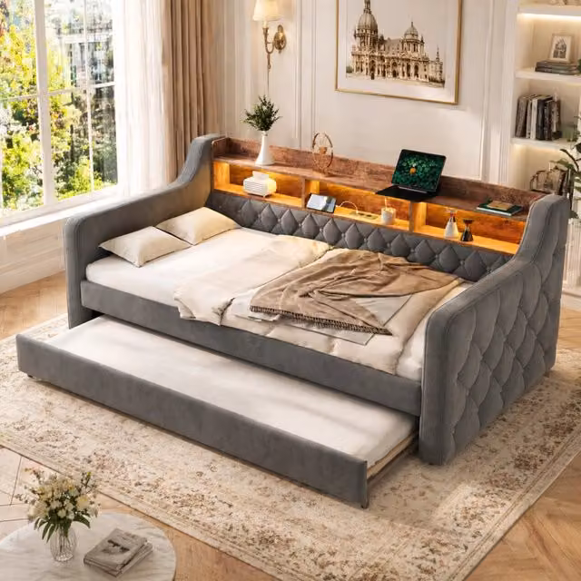 Letto estraibile REDOM in velluto grigio con illuminazione LED, porta USB-C e contenitore, L/P/H: 90 x 190 cm