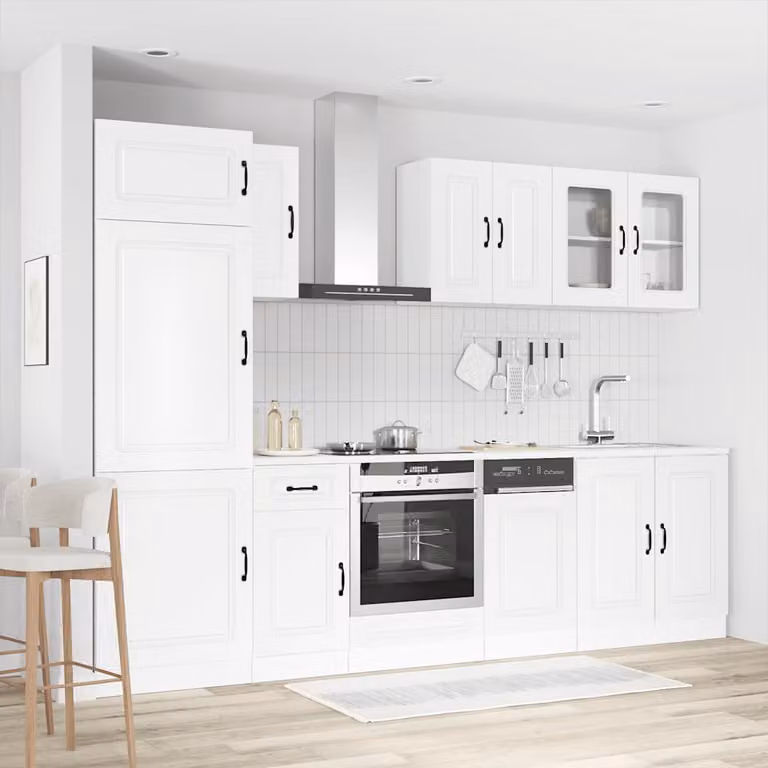 Set di mobili da cucina moderno vidaXL Kalmar composto da 8 pezzi in bianco lucido con ante in vetro e ripiani interni