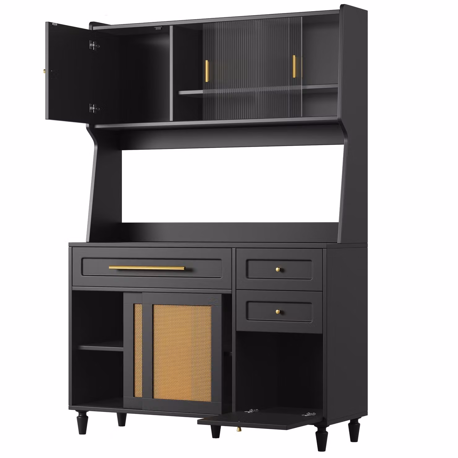 Armadio alto Flieks con LED, 120x45x195,5 cm, buffet da cucina con ante scorrevoli in rattan, mobile contenitore in stile rustico, nero