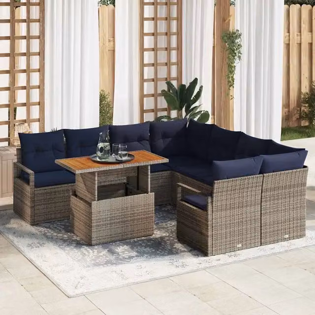 Set Divano da Giardino 9 pz 8-Numero di posti Grigio e Blu Navy 3349695