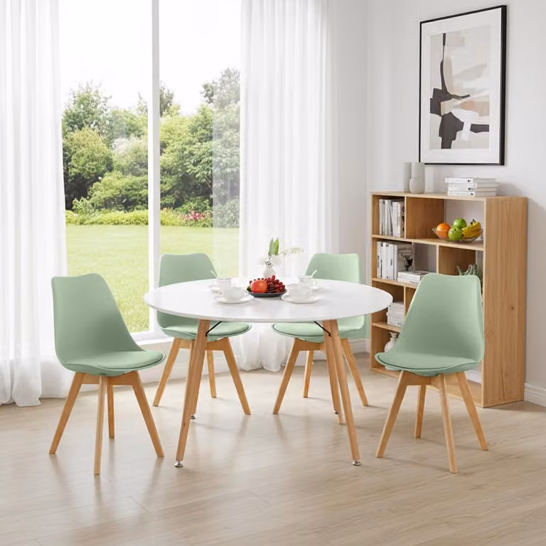 Set da pranzo composto da un tavolo da 120 cm e 4 sedie, colore bianco e verde "ice cream", struttura in faggio