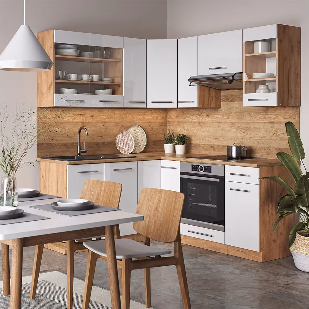 Cucina angolare moderna Vicco in MDF bianco lucido e rovere con ante soft close – 2