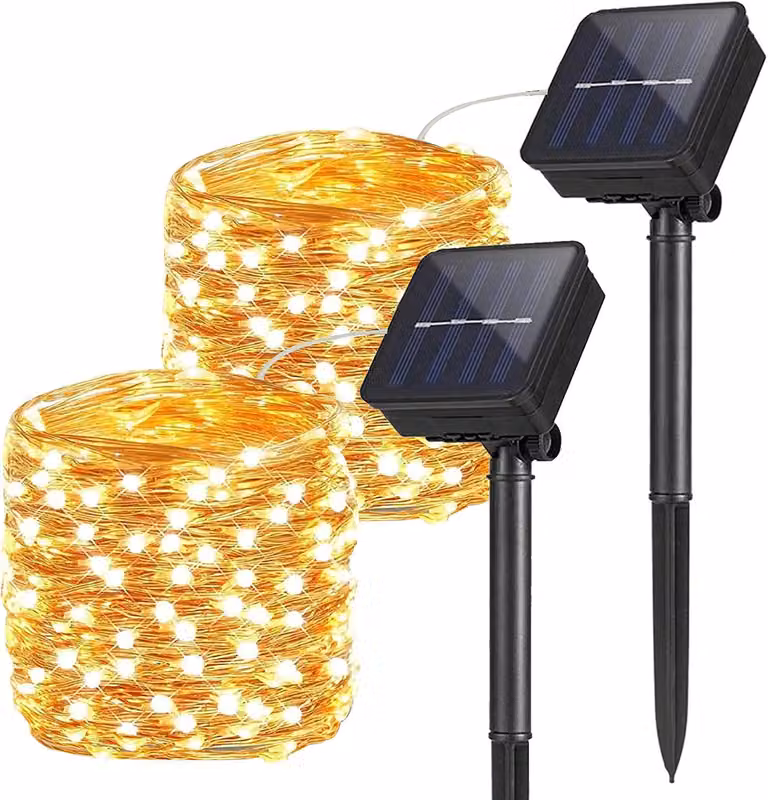 Catene luminose da 10 metri - 2 pezzi, con 100 LED ciascuna - Alimentazione a energia solare - Grado di protezione IP65 (resistente all'acqua) - 8 modalità di illuminazione - Luce calda - Ideale per Natale
