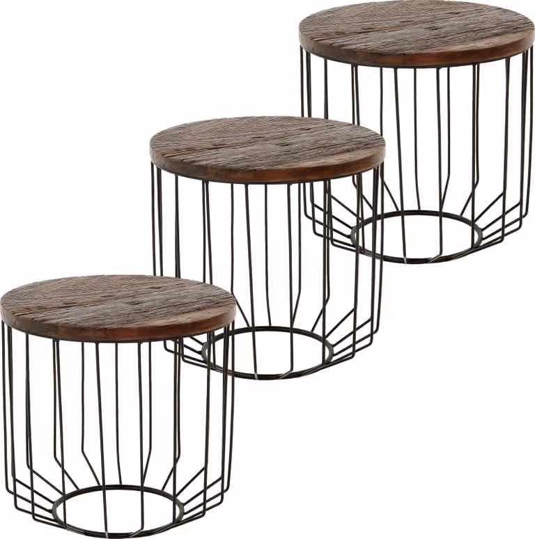 Set di 3 tavolini in legno massiccio WOMO-DESIGN, rotondo Ø 50x50 cm, naturale, unico, fatto a mano da legno di recupero, struttura in metallo, cestino in metallo, nero