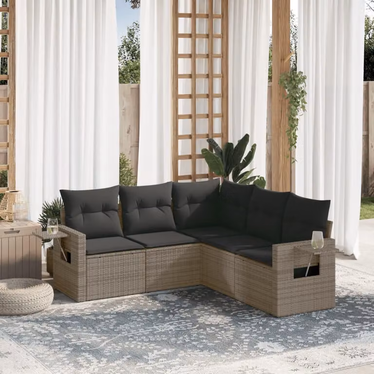 vidaXL Set Divano da Giardino a L 5 pz in Polyrattan Grigio con Cuscini e Tavolino