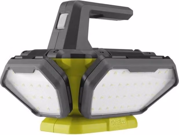 Faretto LED a 360° RYOBI ONE+ 18V, 3500 lumen, 3 intensità, 4 pannelli orientabili, maniglia con gancio pieghevole, illuminazione per cantieri senza fili