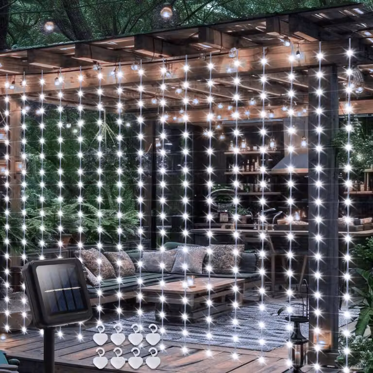 Illuminazione solare per tende, dimensioni 2,4 x 1,8 m, 144 LED, timer, 8 modalità