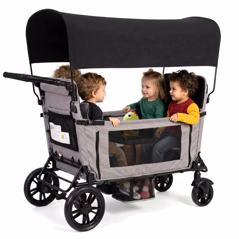 Carrello pieghevole Flieks con tettuccio, carrello a mano con cintura a 5 punti e 4 posti, sedile trasformabile in letto, regolazione dell'impugnatura a 8 posizioni, 138x126x72 cm, grigio chiaro