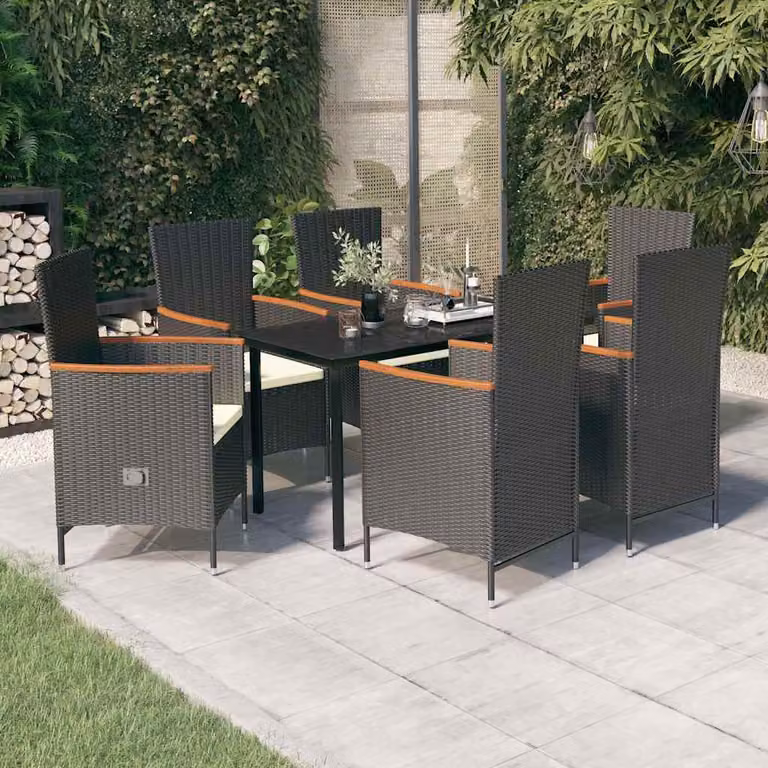 Set da pranzo da giardino vidaXL in polyrattan nero con cuscini e tavolo in vetro per esterno