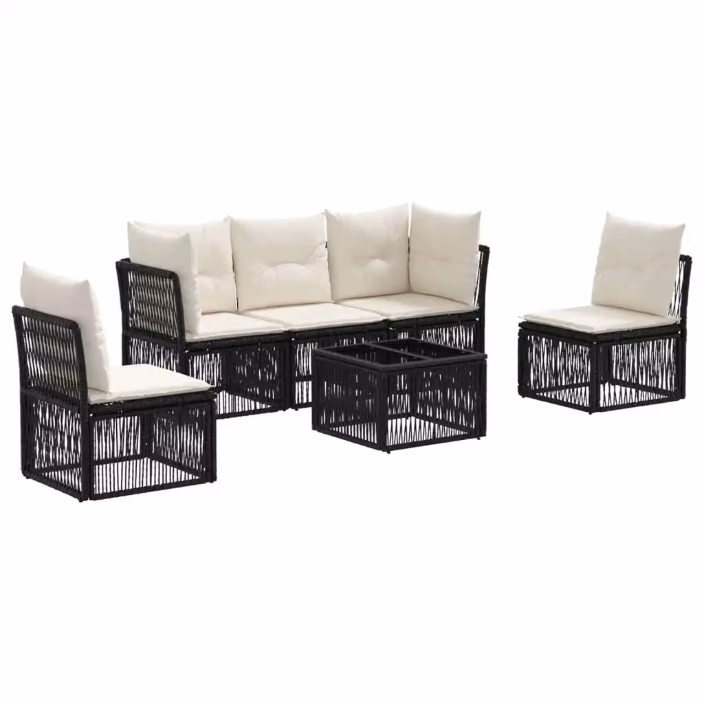 Set da giardino moderno vidaXL composto da 6 pezzi in rattan nero con divano a 3 posti, elementi angolari, tavolino da caffè e cuscini inclusi – 2